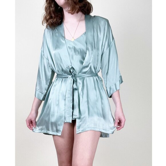 Vintage 100% Silk Matching Robe Chemise Slip Mini Dress Set Sexy Slit Lingerie - Picture 6 of 6